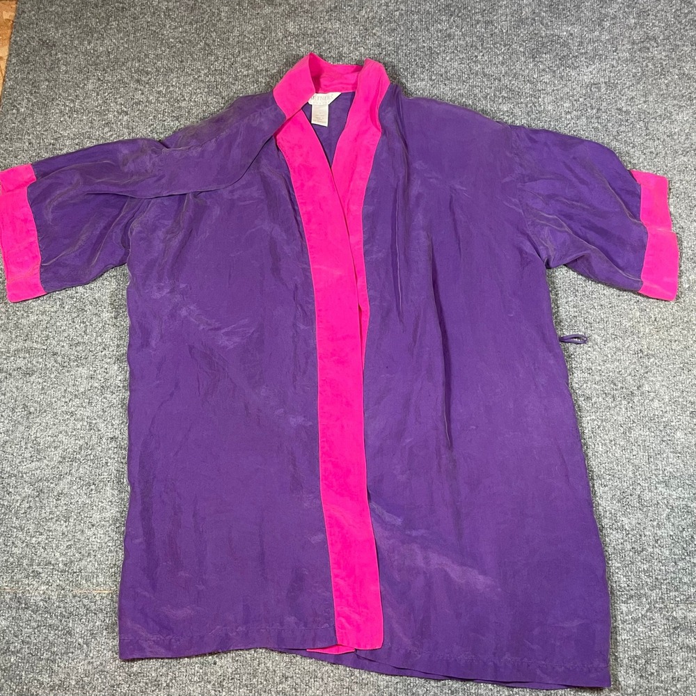 Vintage 100% Silk Robe Womens Small Colorblock Kimono Purple Pink Loungewear